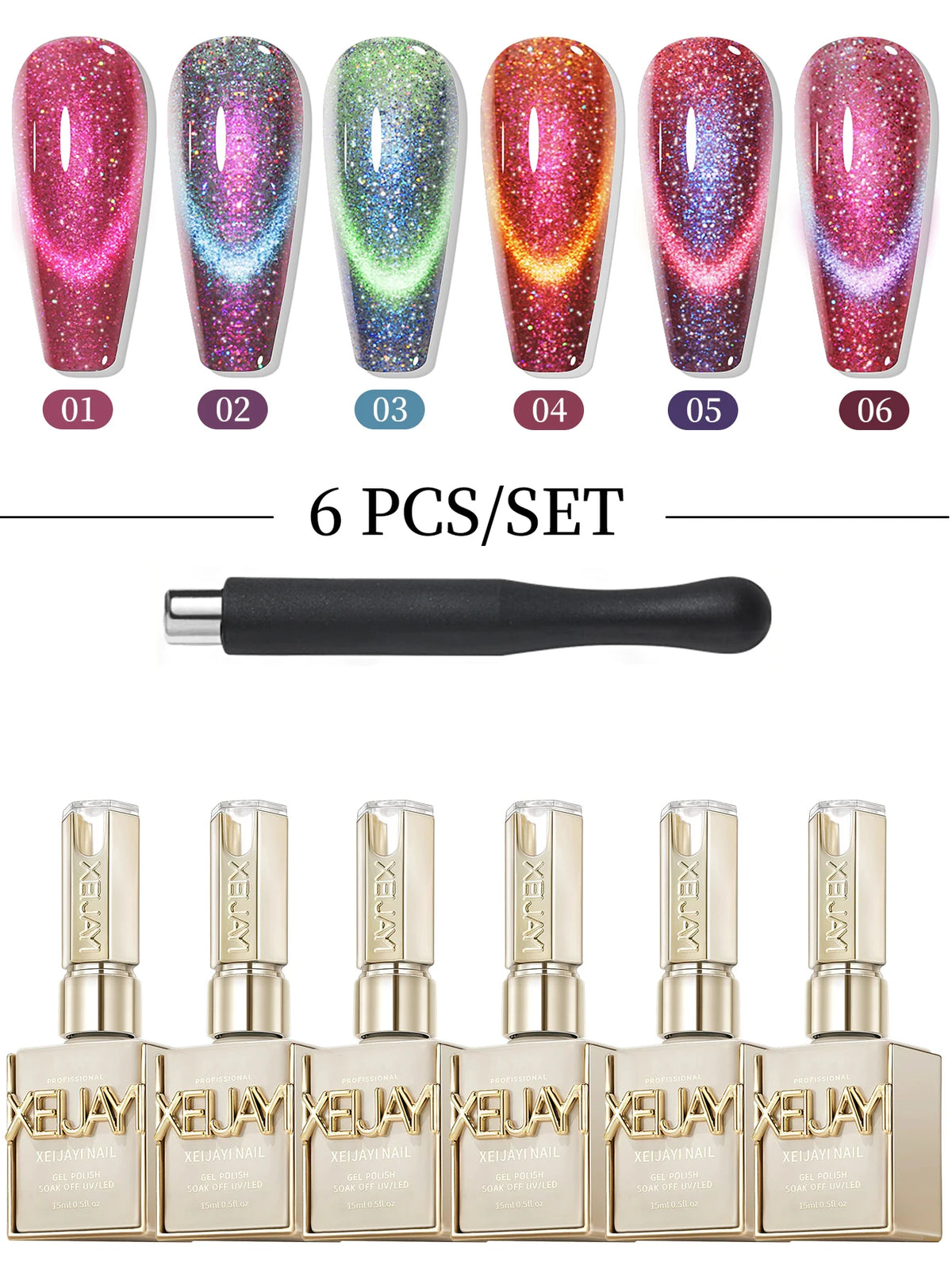 6pcs 15ml Cat Eye Nail Gel Polish Set, Contains Magnets Semi Permanent Nail Art Soaking UV LED Nail Salon DIY Nail Salon