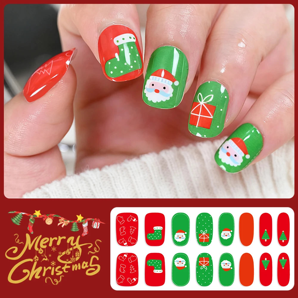 16Tips 3D Full Cover Christmas Series Nail Stickers Adhesive No Light Need Nail Art Wraps Strips Festival Manicure Polish Tips *