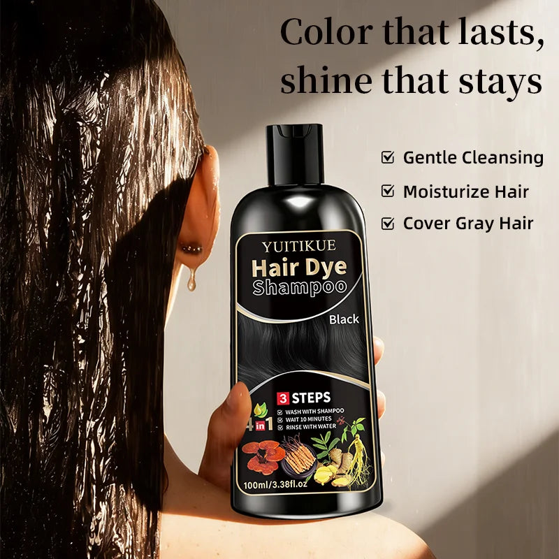 YUITIKUE Black Hair Dye Shampoo - Ammonia-Free, Gentle Formula For Covering Gray Hair, Plant-Based Hair Care, 100ml