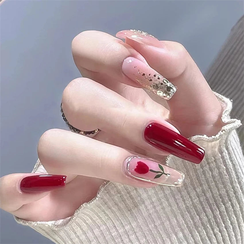 24 Pcs/Set Valentine's Day Long Almond Fake Nails Shape Novelty Pearl Bow Love Press on Nails Art Full Cover Stick-on Nails Tips