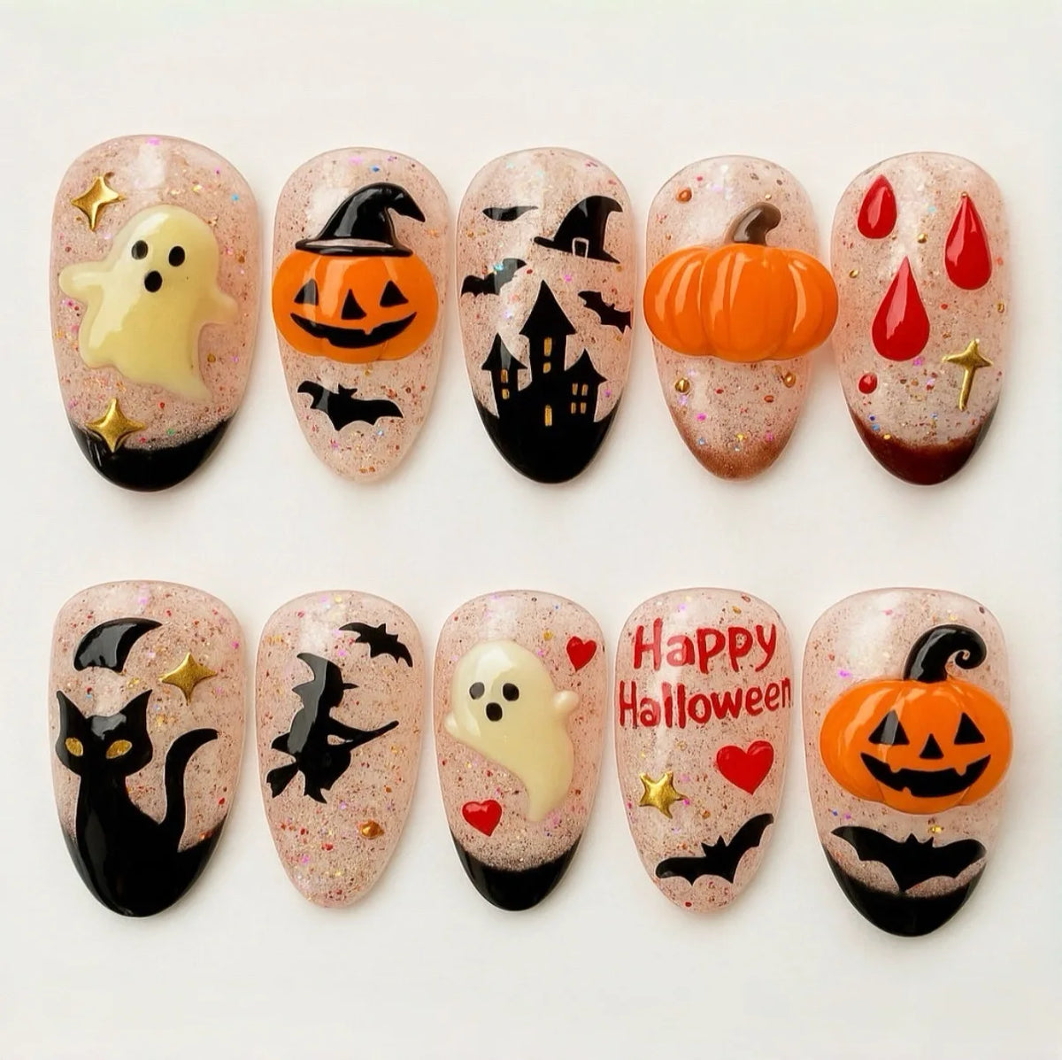 Halloween Pink White Color Press on Nails With 3D Ghost Design Almond Fake Nails INS Sweet Star Moon Decor False Nails 30pcs