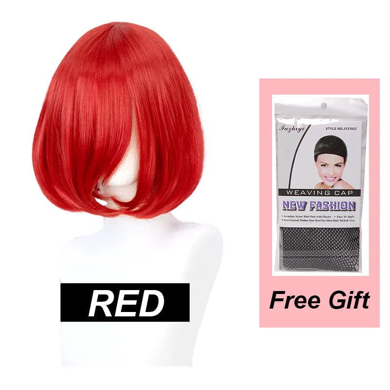 Snoya 35cm Synthetic Short Bob Straight Hair with Trimmable Bangs Lolita Pink Green Blonde Red Cosplay Wigs for Women+Wig Cap