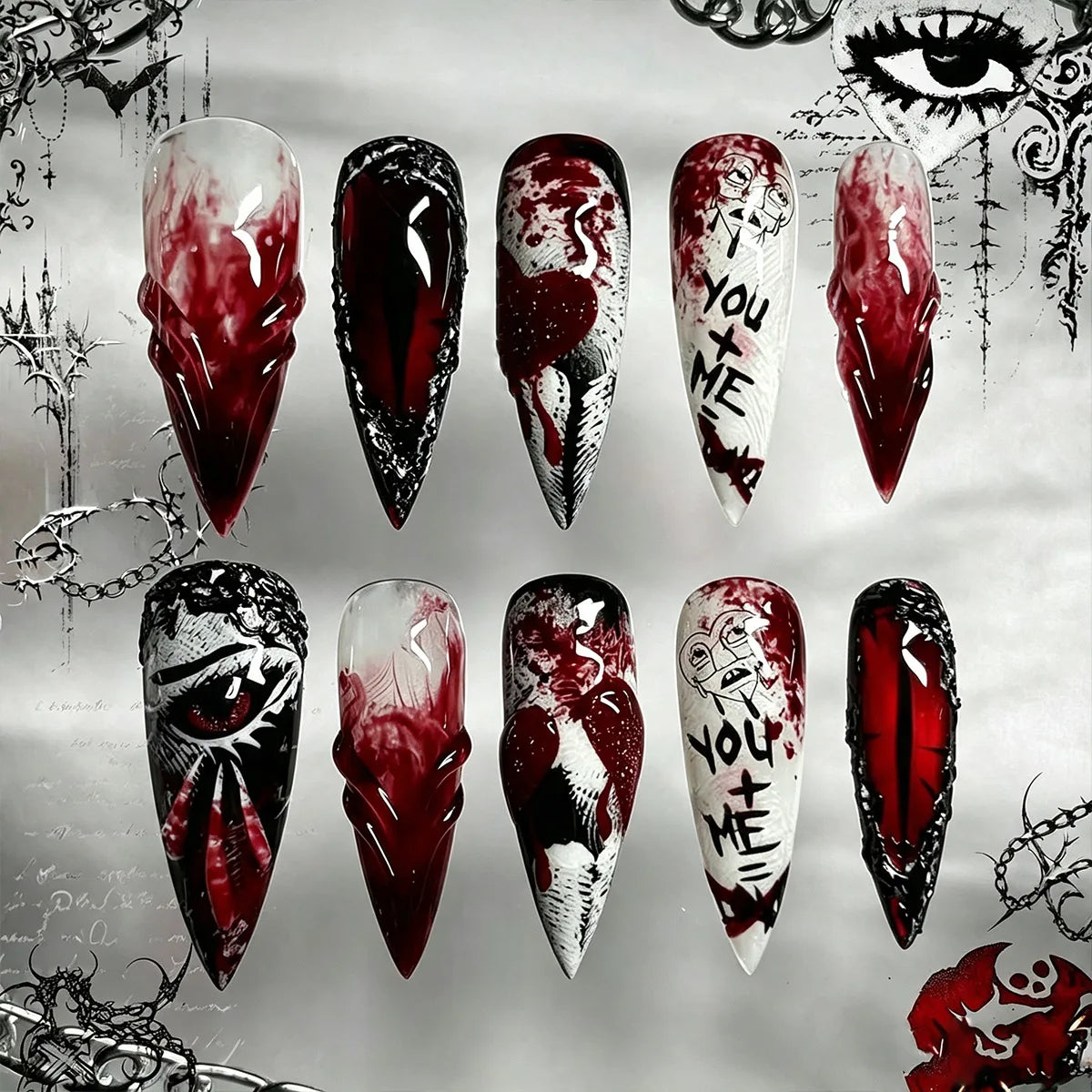 24Pcs Gothic Halloween Press On Nails Scary Bloody red eyes Design False Nail for Women Halloween Party Cosplay DIY Manicure