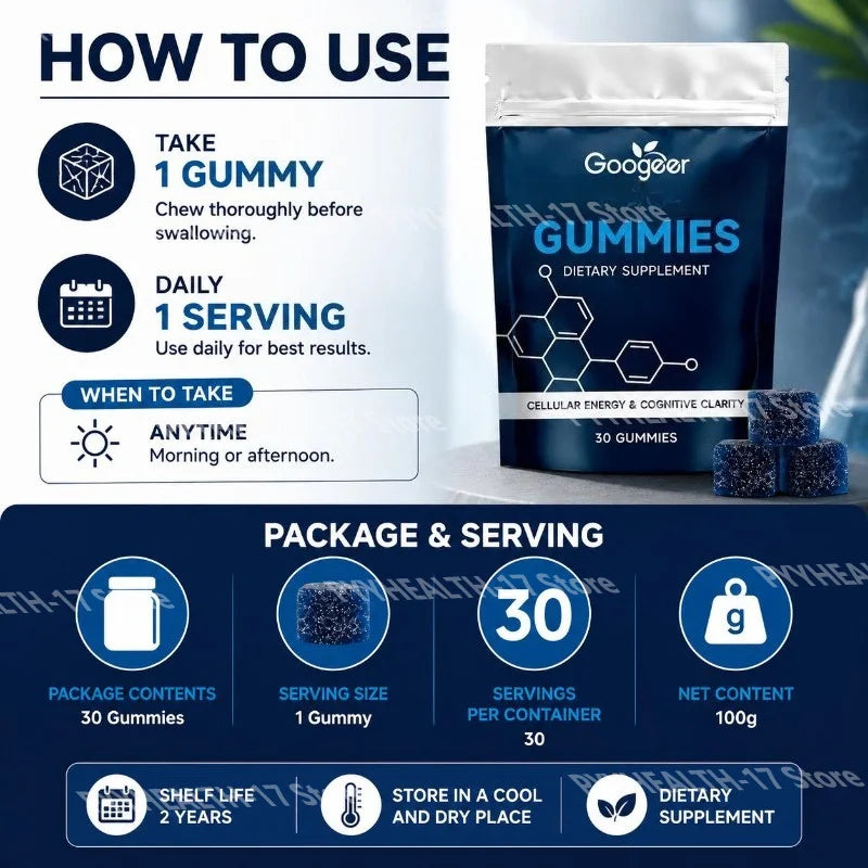 Daily Blue Complex Gummies Cellular Energy Support with Vitamin C B6 D3 Folate for Men and Women 30 Gummies 30 Days