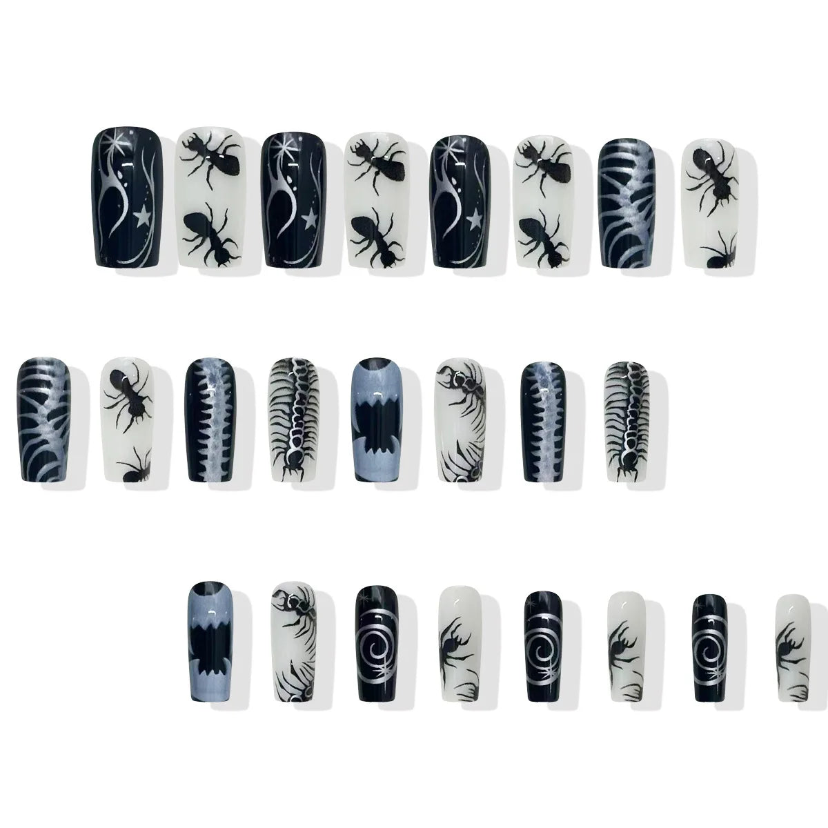 24pcs Gothic Punk Fake Nail Tips Black Ant Centipede Print Coffin Head Press on Nails Wearable European Halloween  False Nails