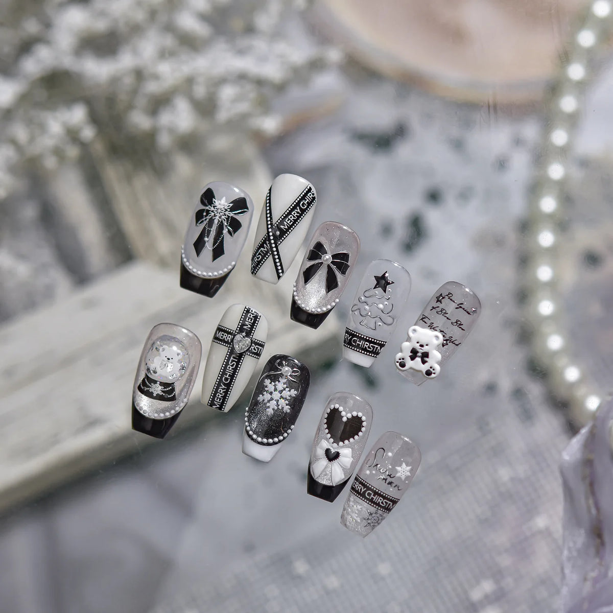 Christmas Balls Bear Bow Metal Nail Stickers Nail Art Accessories Xmas Self-adhesive Stickers DIY Nails Art 3D Decoration Decals
