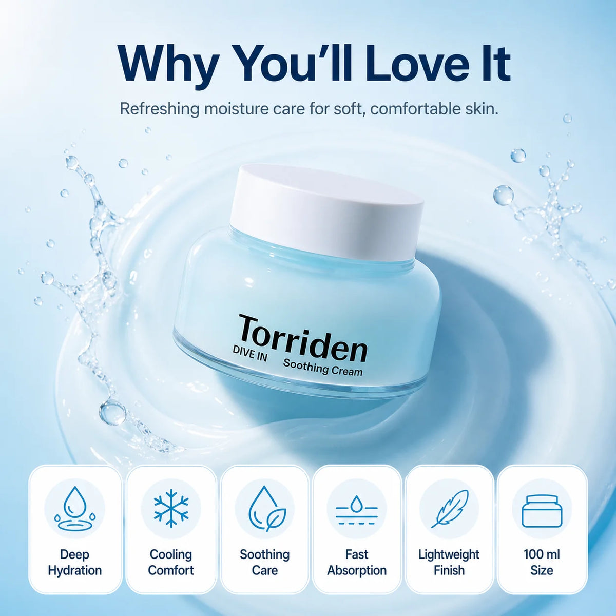 Torriden DIVE‑IN Soothing Gel‑Cream, Cooling Lightweight Moisturizer for Face, Smooth Non‑Greasy Texture, Instant Hydration Calm