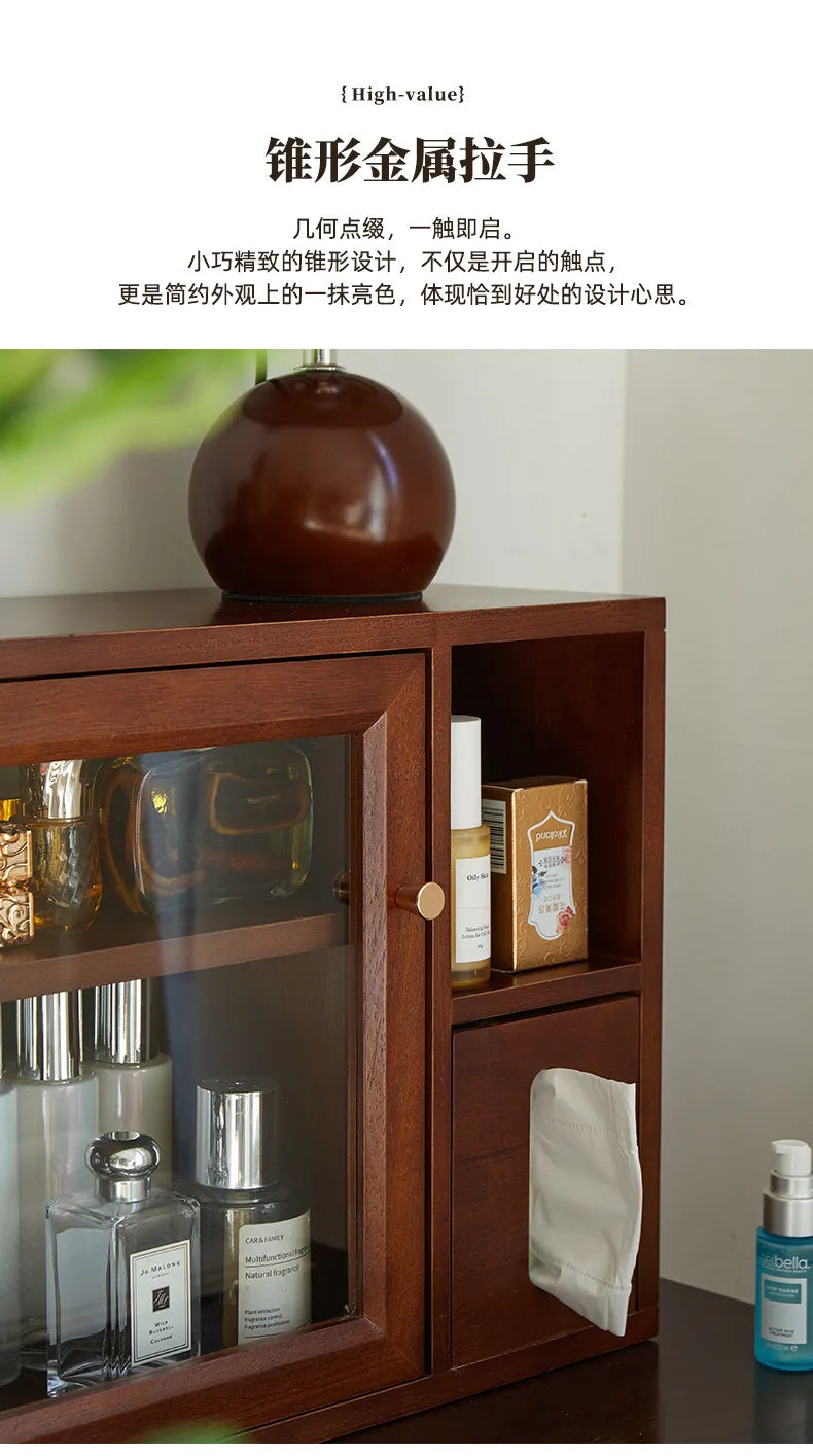 Mid Century Solid Wood Cosmetic Storage Box Drawer Organizer for Perfume Skincare Desktop Vanity Cabinet Rustic Makeup Holder