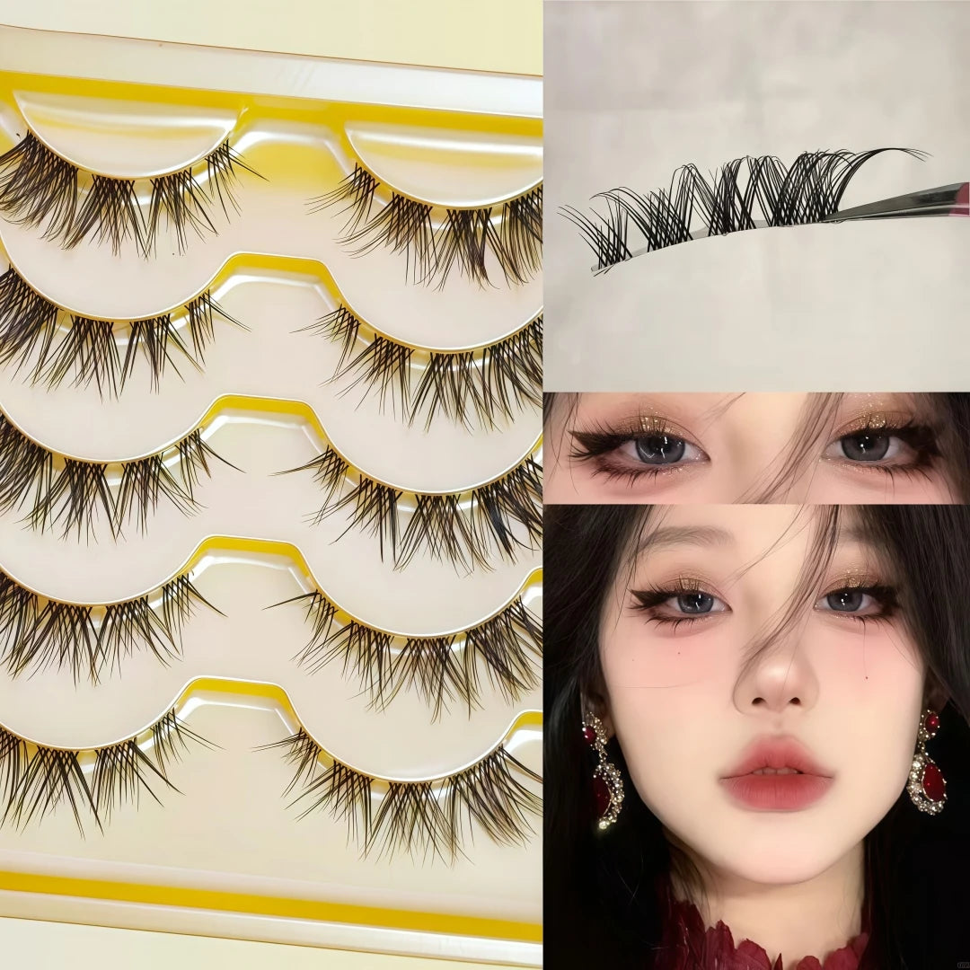 5 Pairs European Style Cold Fox Eye Slanted Full Strip Clear Band False Eyelashes For Daily Halloween Christmas Black Fr