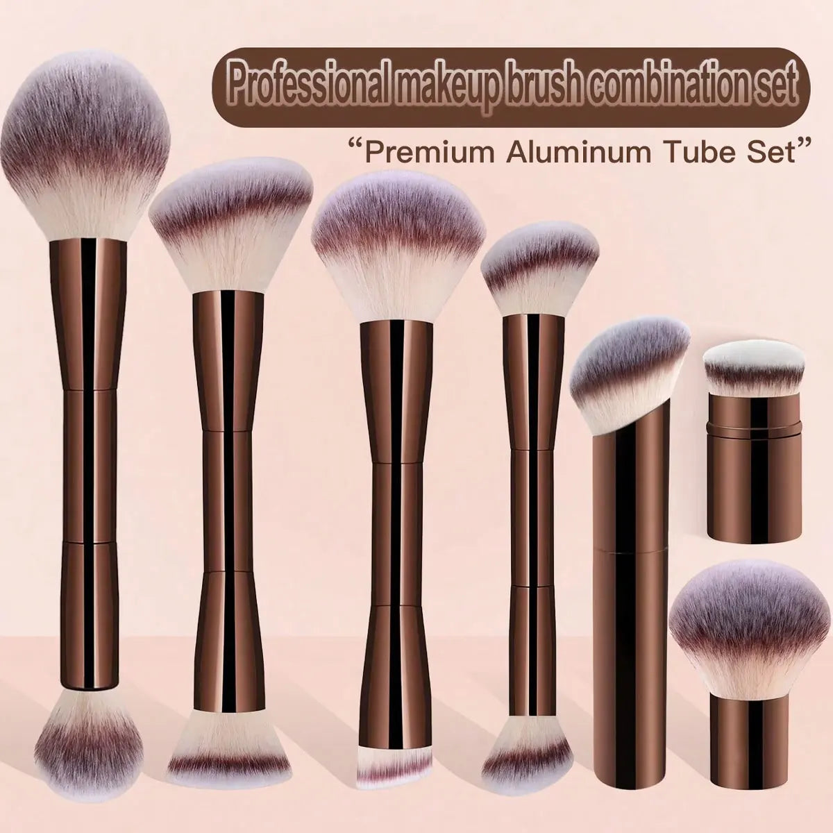 7pcs Professional Makeup Brush Set, Includes: 4pcs Dual-Ended Face Brushes, 1pc Angled Brush, 1pc Short Handle Foundation Brush,
