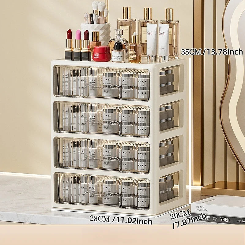 Cream Color Cosmetics Box,Multi-compartment Lipstick/Mask Organizer,Drawer Dresser for Skincare/Makeup Brushes,1–4 tiers