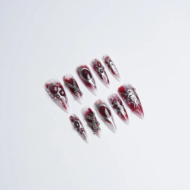 24PCS Gothic Red Smudging Long Stiletto Fake Nails 3D Metallic Silver Chain French Press on Nails Full Cover Halloween Nail Tips
