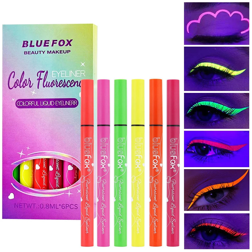 6Pcs Neon Fluorescent UV Glow Eyeliner, Waterproof Long Lasting Colorful Liquid Eye Liner, Rave Party Halloween Makeup Tools