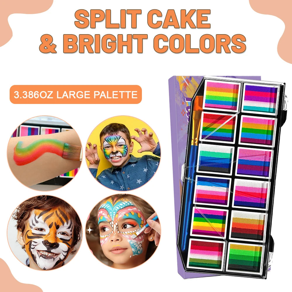 12-Color Rainbow Face and Body Paint Kit, Water-Soluble, Vibrant Palette with Brush for Halloween, Cosplay, Parties,Party Makeup