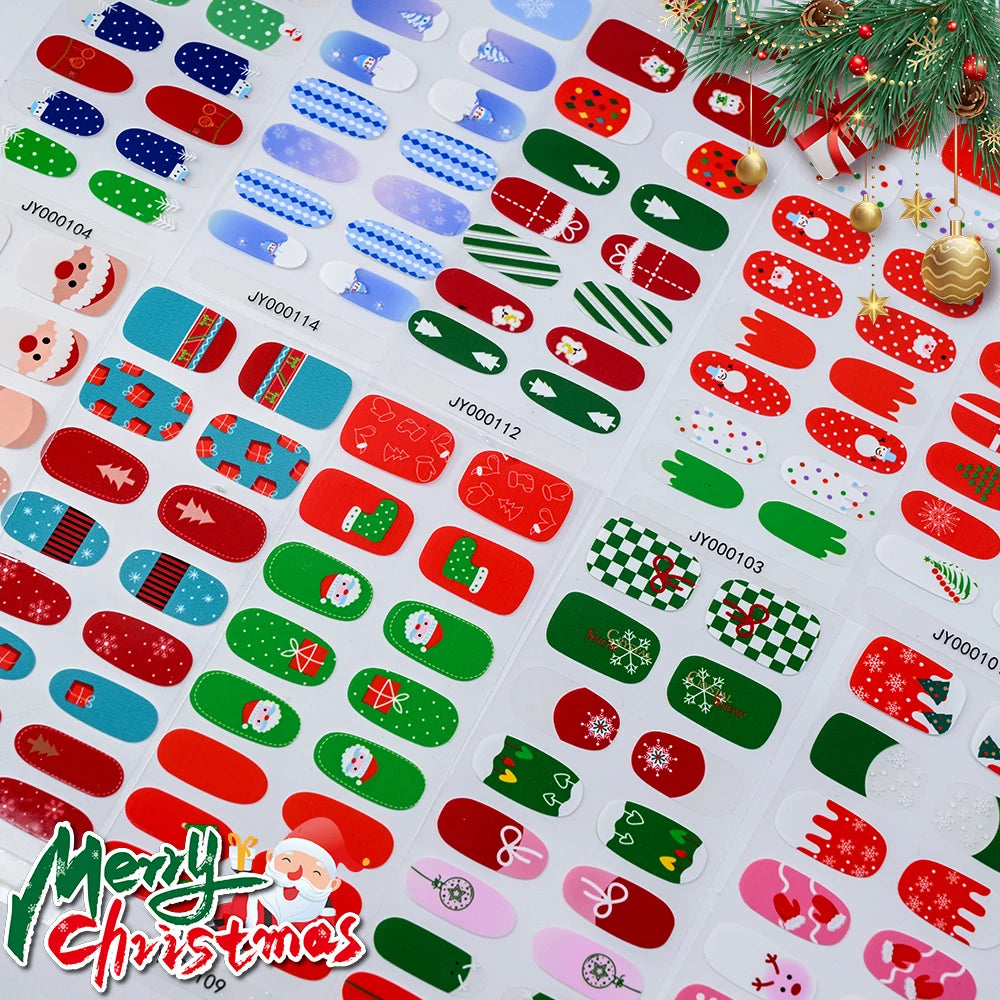 16Tips 3D Full Cover Christmas Series Nail Stickers Adhesive No Light Need Nail Art Wraps Strips Festival Manicure Polish Tips *