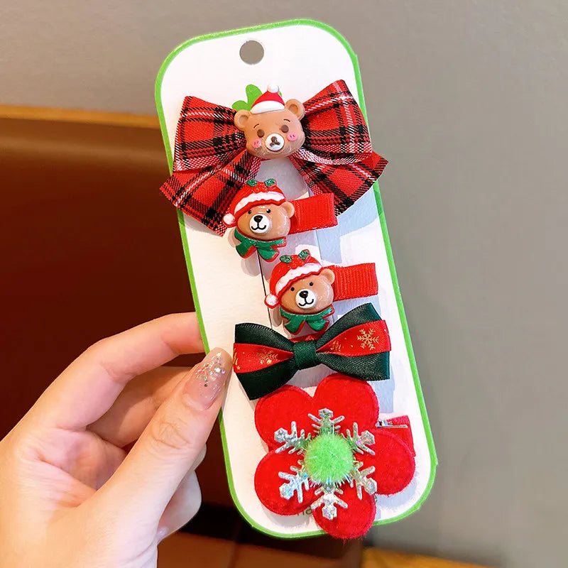 New Year Christmas Cute Cartoon Bow Hairpins Set Children Girls Hair Clips Pin Barrettes Accessories Headwear Headdress Ornament