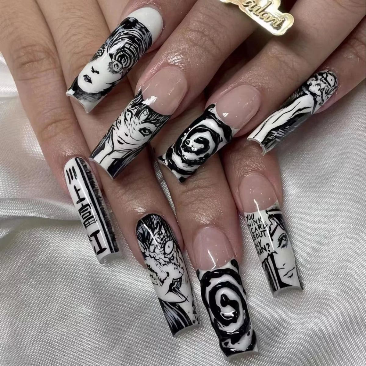 24pcs Horror Manga Press on Nails Halloween Face Eye Swirl Thorn Cat Fake Nail Gothic Spooky Long Stiletto False Nail for Women