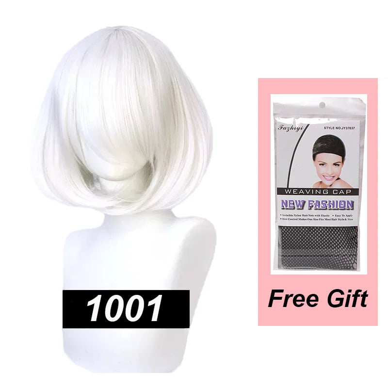 Snoya 35cm Synthetic Short Bob Straight Hair with Trimmable Bangs Lolita Pink Green Blonde Red Cosplay Wigs for Women+Wig Cap