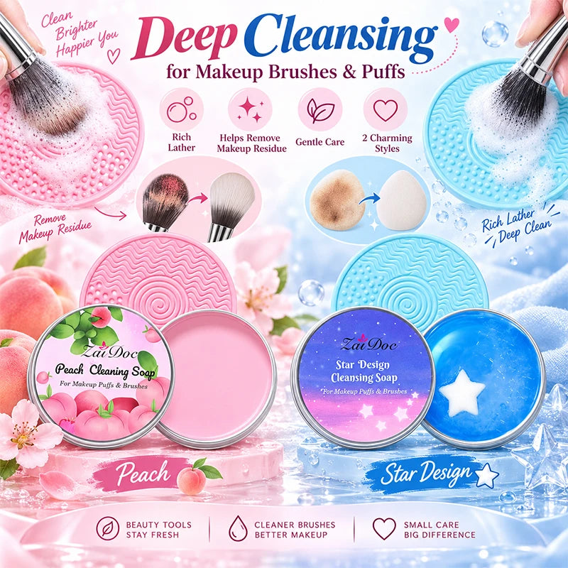 ZaiDoc Makeup Brush Cleaning Soap Blue Starry or Pink Peach Oolong with Cleaning Pad 2-in-1 Solid Brush Cleaner Mat for Beauty Blender Sponge Makeup Gentle Deep Cleaning Tool