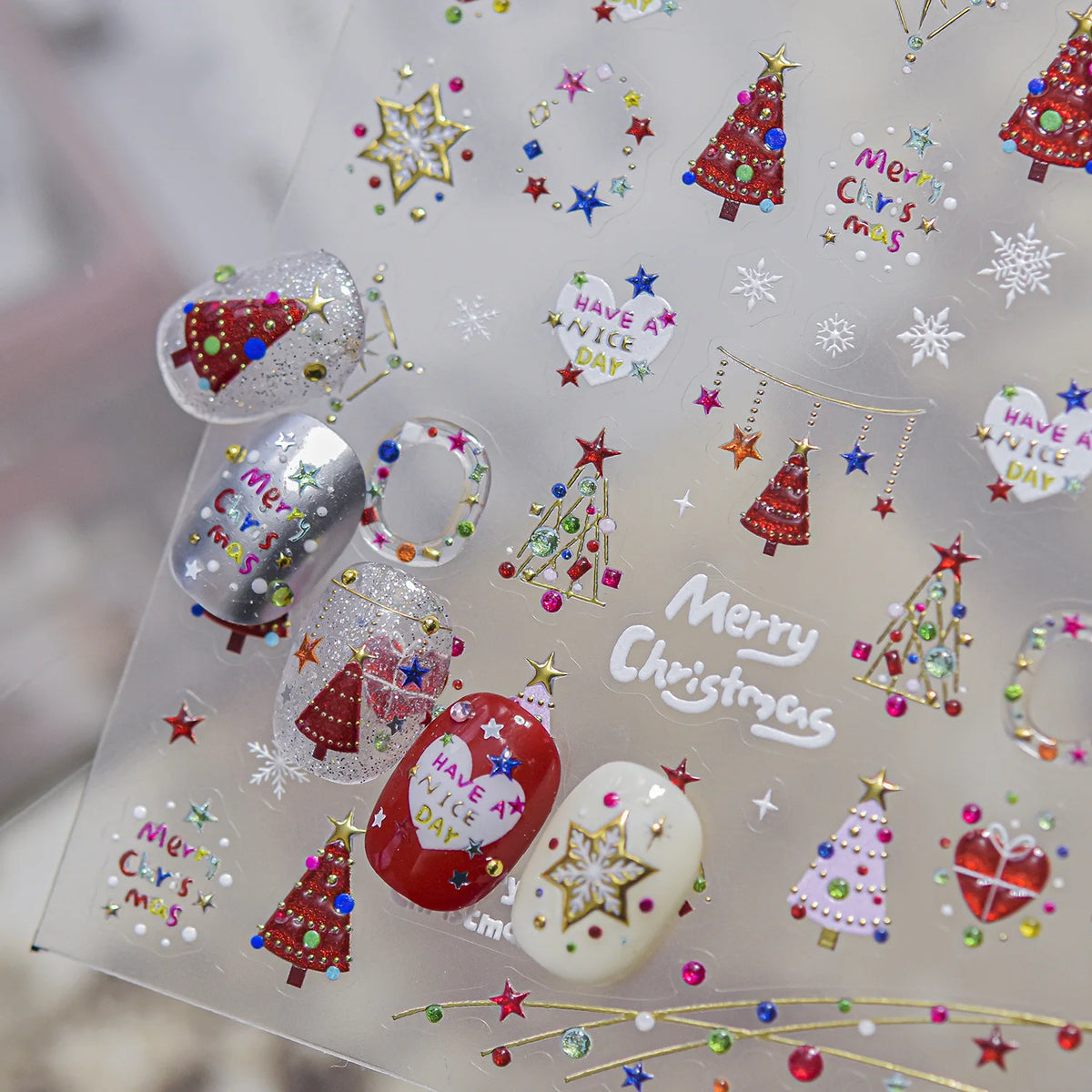 Christmas Nail Stickers Colorful Christmas Trees Hearts Snowflakes Stars Pattern Nails Accessory Self-adhesive Nail Art Sticker