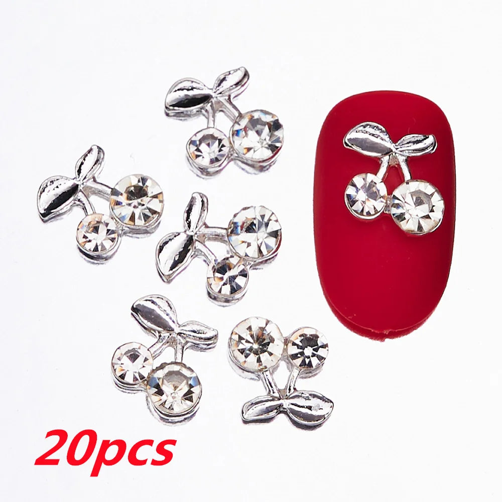 20Pcs Glitter Cherry Rhinestone 3D Nail Charms 10mm Red & Pink Cherry Christmas Nail Art Y2K Alloy Metal Gold Cherry Nail Part