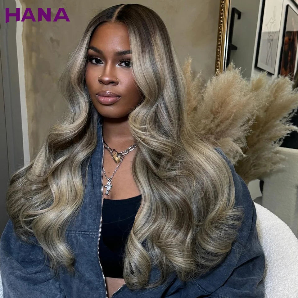 Highlight Ash Brown Blonde Colored 13X6 Lace Frontal Wig Bleached Knots 7X5 Lace Closure Wig Human Hair Drawstring Wig For Women