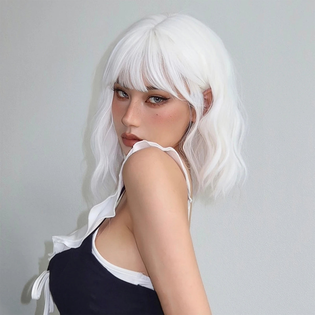 EASIHAIR Short White Bob Synthetic Wigs Short Wavy Lolita Natural Hair Wigs with Bangs for Women Heat Resistant Cosplay Wig