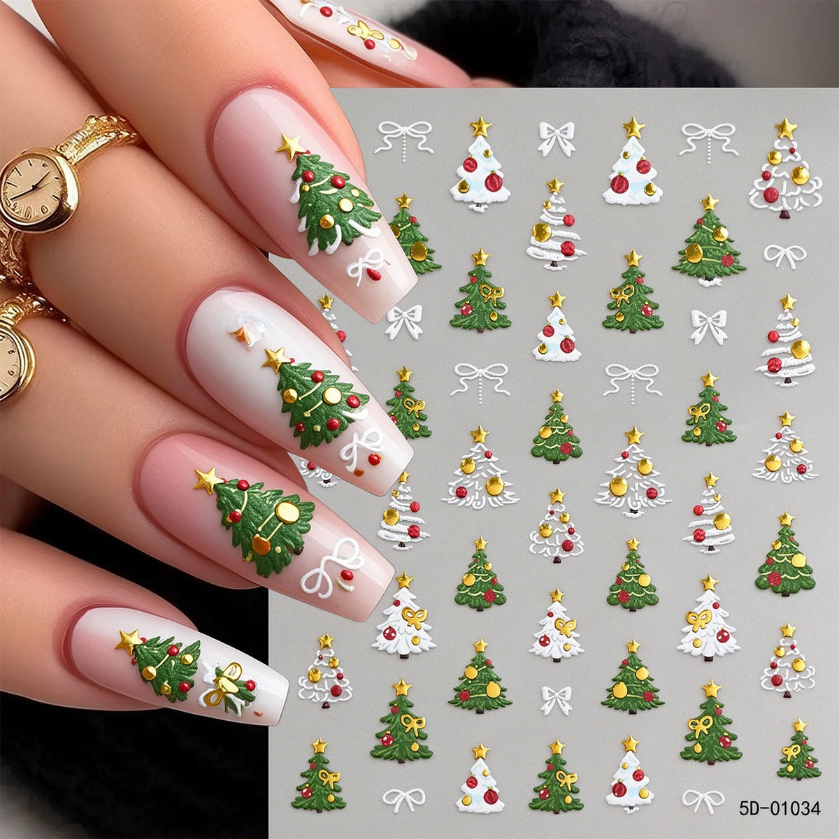 1pcs Gold-foiled Christmas Tree 5D Nail Stickers Bow Holly Snowflake Wreath Christmas Nail Decals Cartoon Merry Christmas Decora