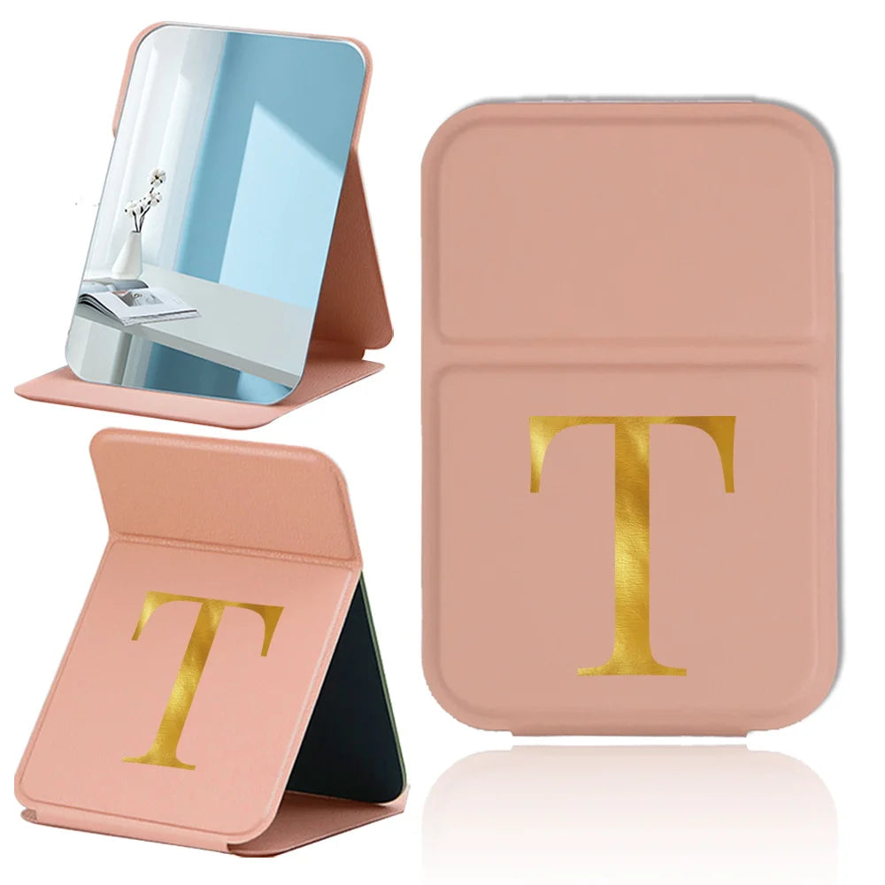 Personalized Pu Vanity Mirror Portable Handheld Makeup Mirror Folding Desktop Makeup Mirror Pocket Cosmetic Tool Letter Pattern