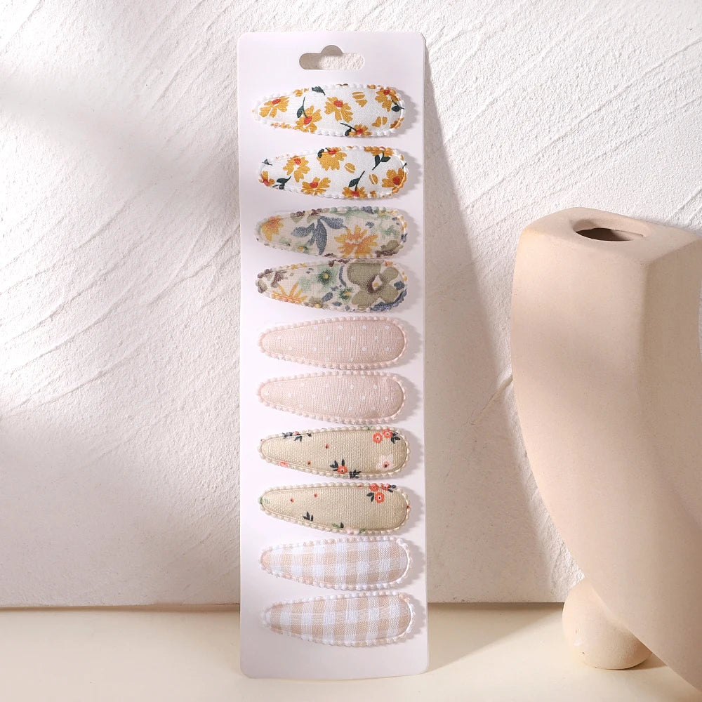 10Pcs/Lot Fresh Print Cotton Alloy Hair Clips for Kids Fabric Plaid BB Hairpins Girl Hairgripe Headwear Baby Hair Accessories