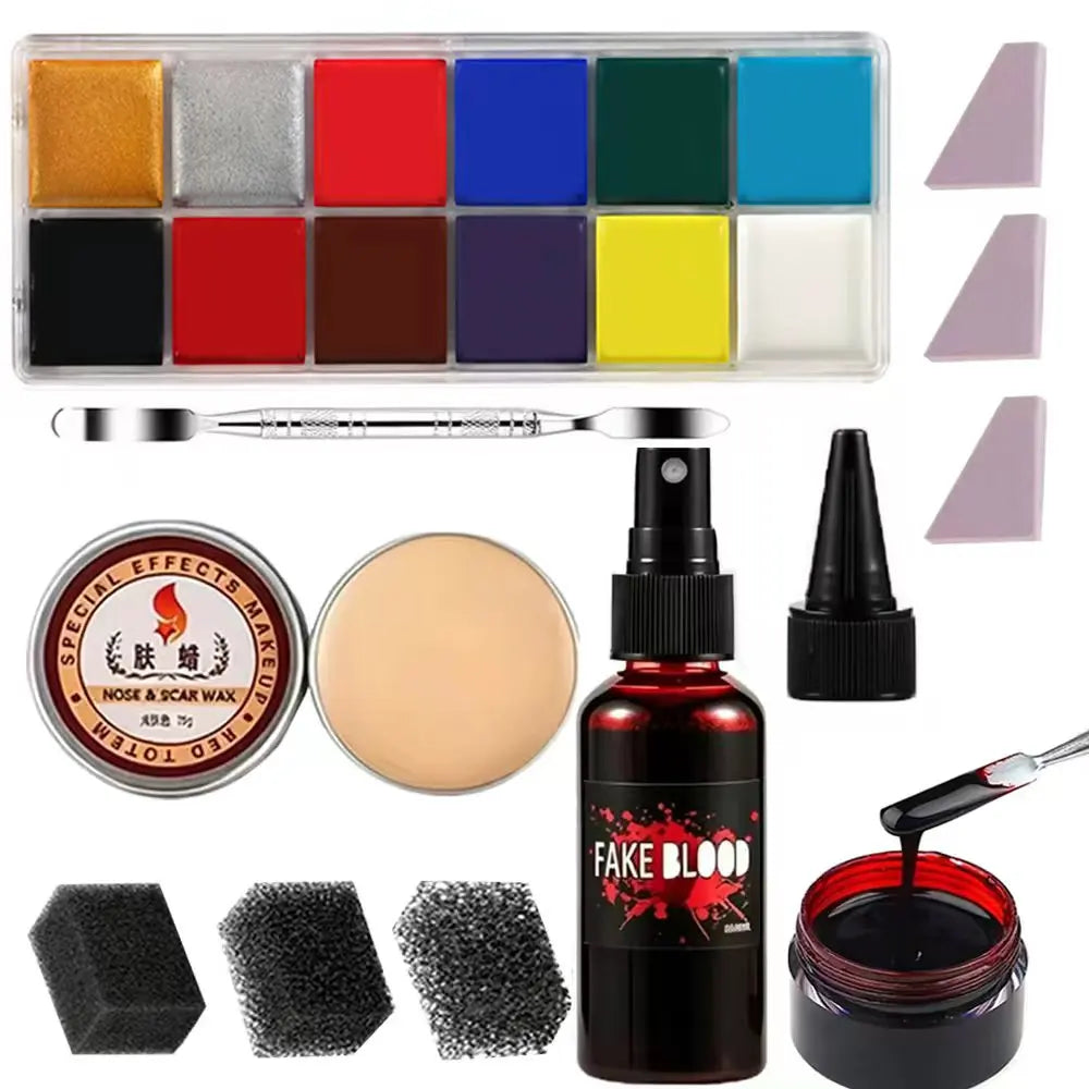 Special Effects SFX Halloween Makeup Kit - 12 Colors Face Body Paint Palette + Scar Wax with Spatula Tool + Fake Blood+Spong