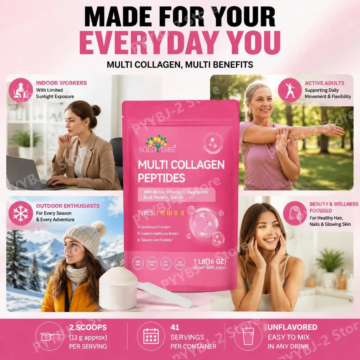 Multi Collagen Peptides Powder Types I II III V X with Biotin Vitamin C Hyaluronic Acid for Skin Hair Nails Joint Support 1LB
