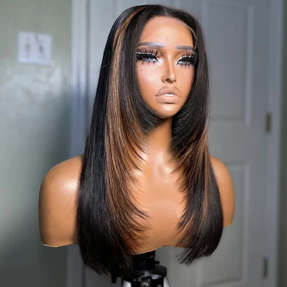 Straight Lace Front Wigs Synthetic Layered Cut Natural Black /Reddish Brown Inner Buckle Lace Frontal Wigs For Black Women