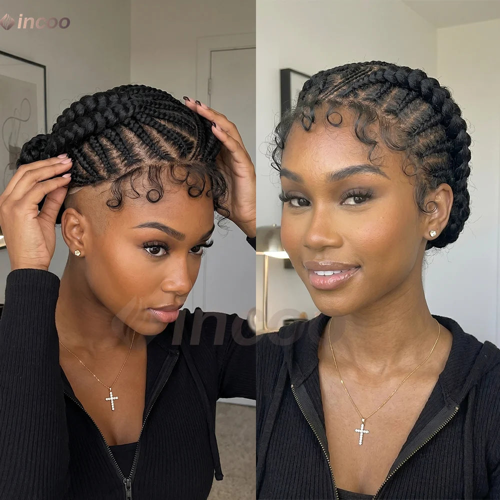 Short Cornnrow Braid Wigs Buns Glueless For Black Women Synthetic HD Full Lace Wig Neat Braids Wig African Protective Style