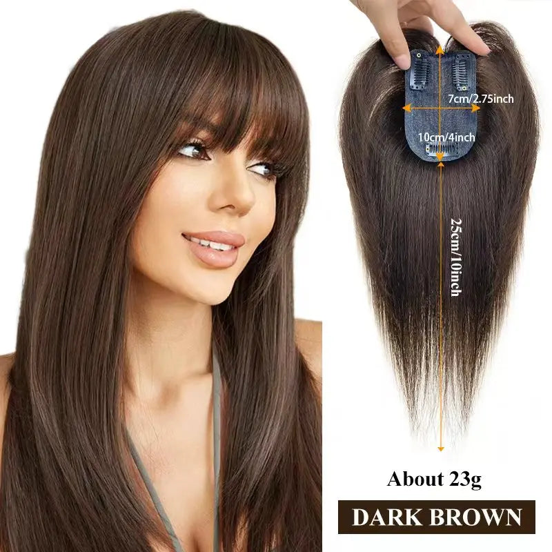 100% Human Hair 7X10cm Hairnet with French Bangs Toupee 25cm Straight Clip in Hair Extension Improve Volume Topper Hair Pieces