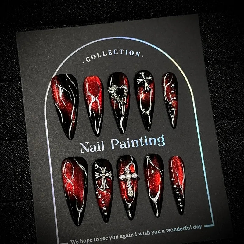 10pcs Press on Nails False Nails Handmade Burgundy Cat Eye Long Almond Gothic Nails Reusable Manicure for Halloween Party