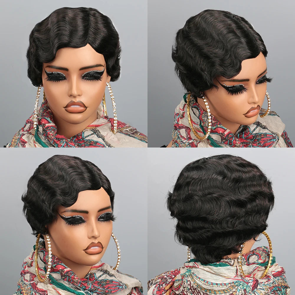 Short Wigs Human Hair Vintage Ocean Finger Wave Pixie Cut Wig for Black Women Glueless Costume Wigs Layered Machine Made No Glue