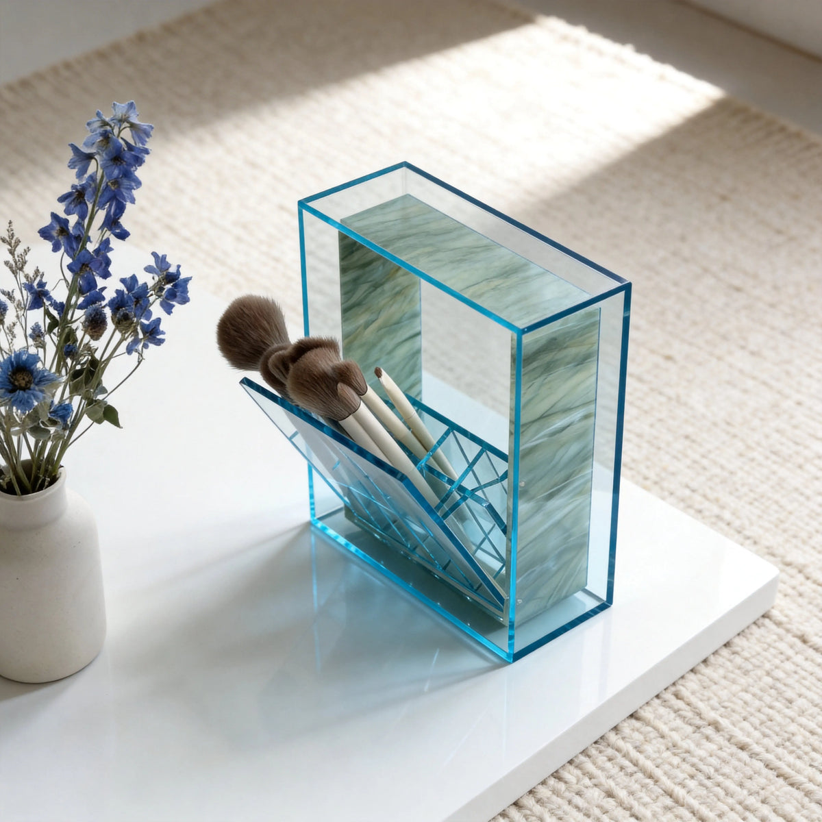 Wood and stone acrylic makeup brush storage box marble rotating dust-proof storage cylinder grid large-capacity lipstick box