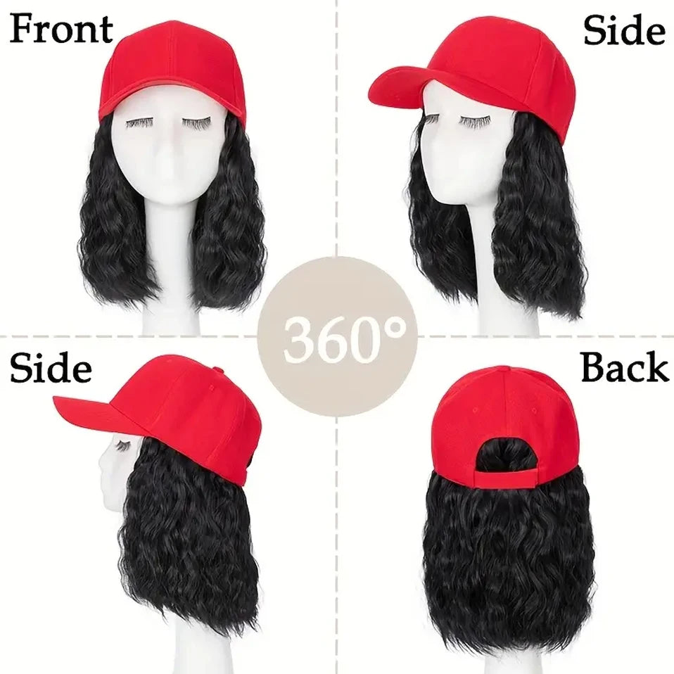 8" Short Wave Baseball Cap Wigs with Curly Hair Extensions for Women Daily Wear Synthetic Wave Adjustable Baseball Hat Wigs