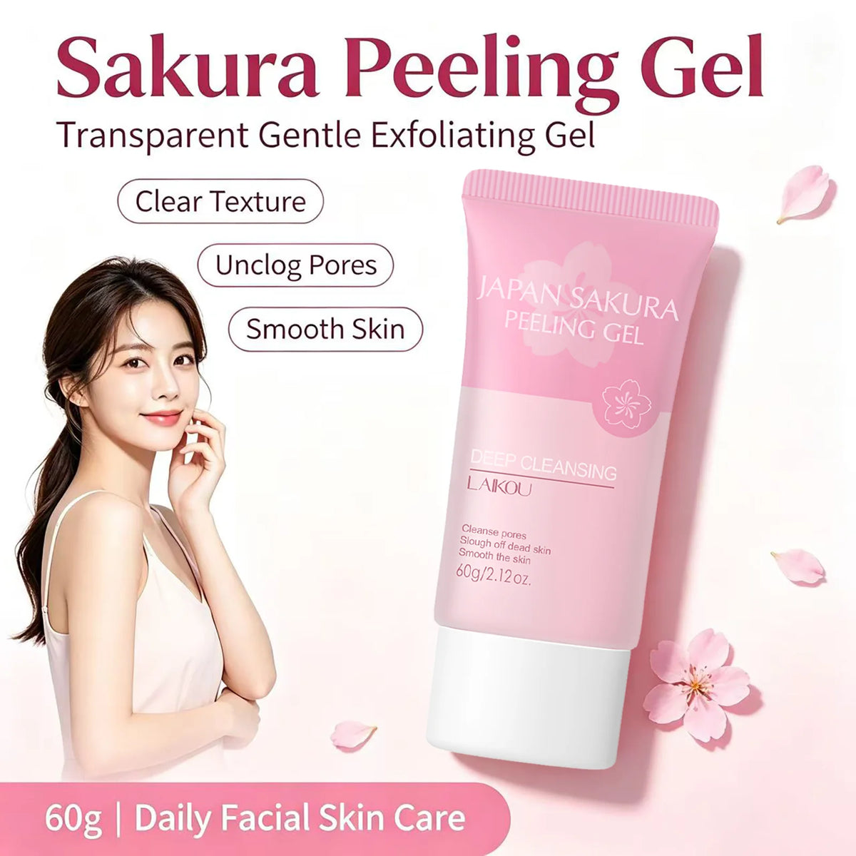 Laikou Japan Sakura Exfoliating Peeling Gel 60g, Gentle Face Body Scrub Deep Clean Remove Dead Skin Hydrating Smooth Skin Care