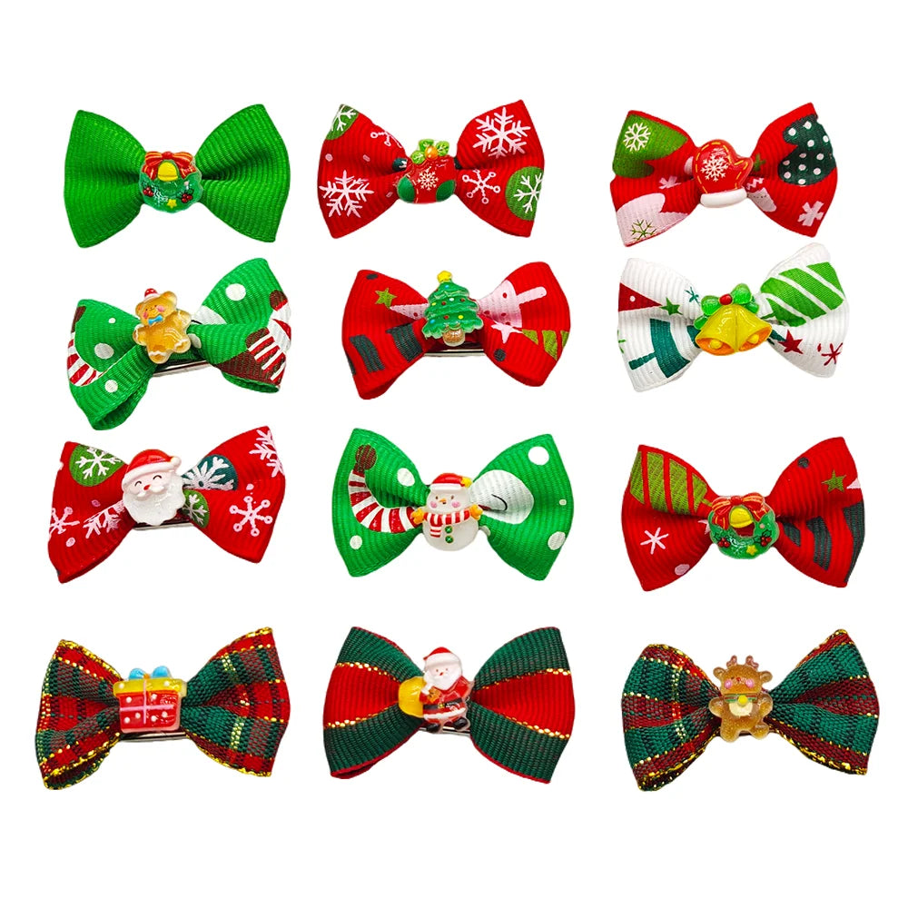 20Pcs Christmas Pet Hair Clips Santa Snowman Bowknot Dog Cat Hair Barrettes Puppy Kitten Holiday Party Grooming Hair Accessories