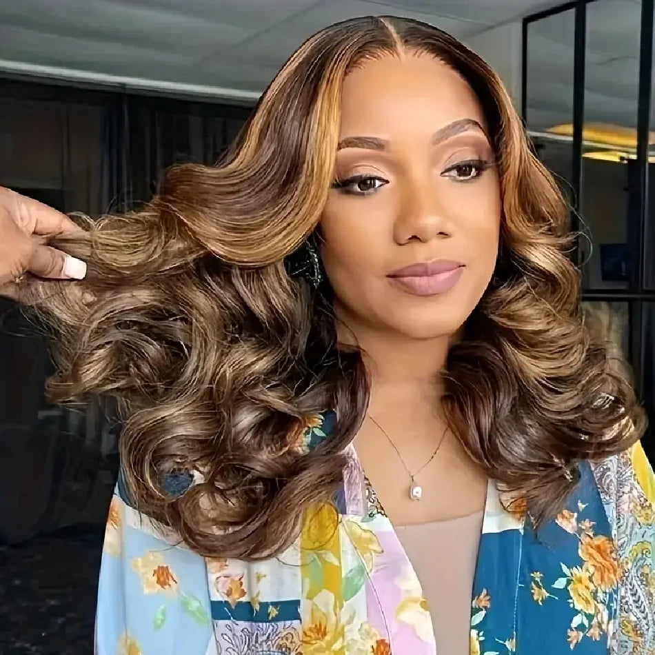 Honey Blonde Bob Wig Human Hair 14 Inch 13x4 Body Wave 4/27 Highlight Ombre HD Lace Front Wigs Human Hair Pre Plucked Glueless Lace Frontal Bob Wigs for Women Colored Wig