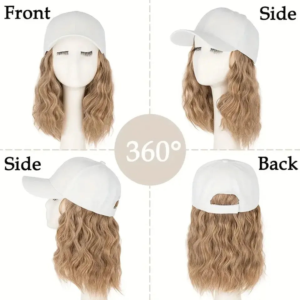 8" Short Wave Baseball Cap Wigs with Curly Hair Extensions for Women Daily Wear Synthetic Wave Adjustable Baseball Hat Wigs