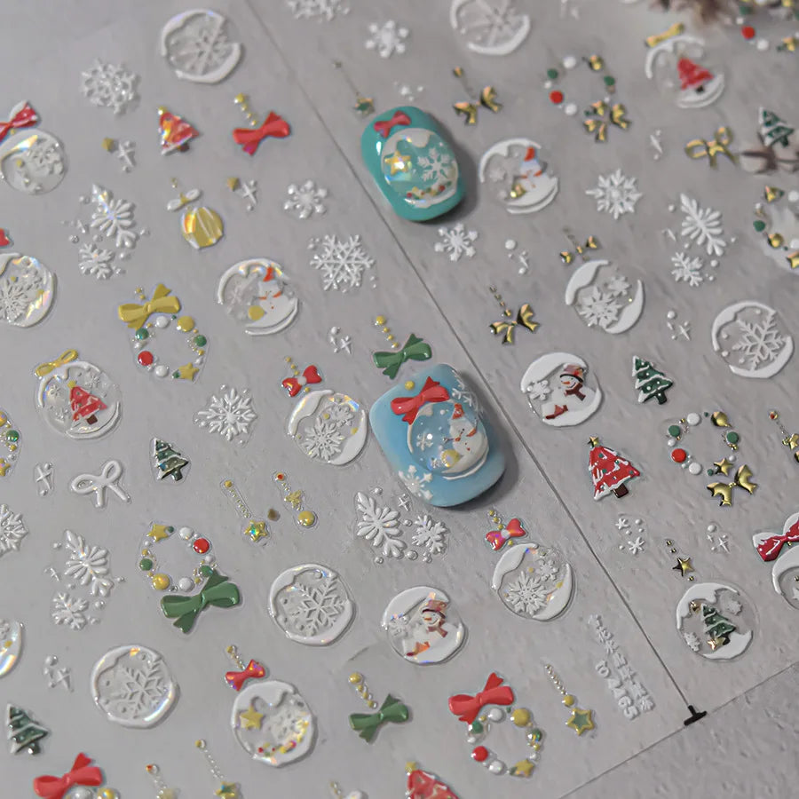 Winter Christmas Nail Stickers Christmas Tree Crystal Ball Butterfly Knot Snow Bead Chain Self Adhesive Nail Art Accessories DIY