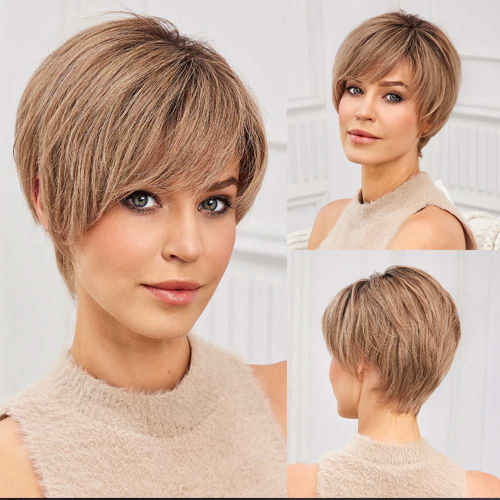 Short Brown Human Hair Wigs with Bangs HD Lace Frontal Wig Remy Human Hairs Brown Bob Pixie Cut Straight Glueless Wigs for Women