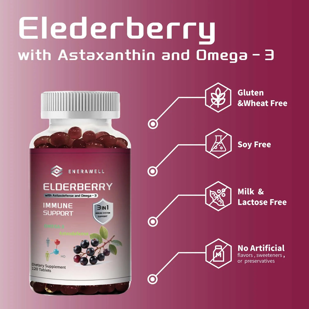 Elderberry - Immune Boost, Antioxidant, Healthy Skin, Promotes Joint Health, with Omega-3 - 120 Capsules
