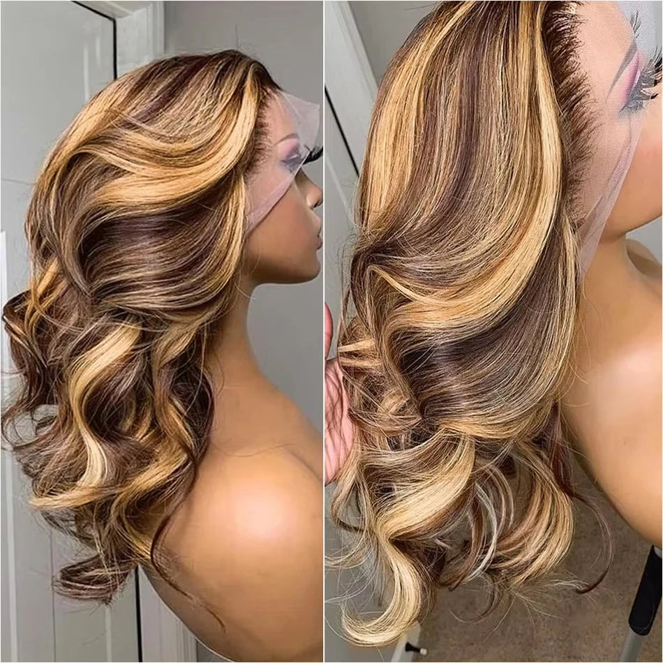 Honey Blonde Bob Wig Human Hair 14 Inch 13x4 Body Wave 4/27 Highlight Ombre HD Lace Front Wigs Human Hair Pre Plucked Glueless Lace Frontal Bob Wigs for Women Colored Wig