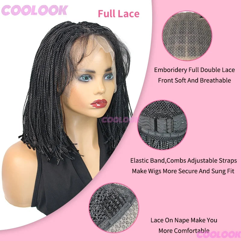 12" Short Braided Wigs For Women Synthetic Wig 6*6 Lace Braids African Wigs Cornrow Micro Black Wig