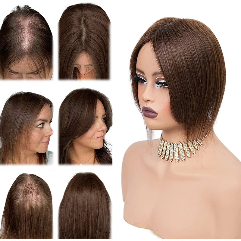 10 Inch 100% Human Hair 13X12cm Hairnet Clip in Hair Topper Extension with Bangs Top Wig Piece for Women Daily Life