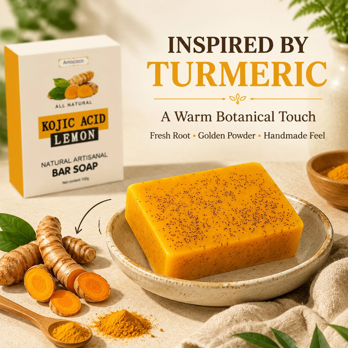 Amococo 3/5/10/30Pcs Turmeric Kojic Acid Brightening Bar Soap Natural Face and Body Cleanser with Vitamin C Retinol Hyaluronic Acid and Shea Butter 100g